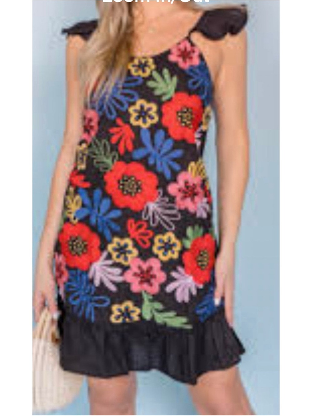 Andrée by Unit Black Embroidered Floral Dress Ruffle Hem Size S